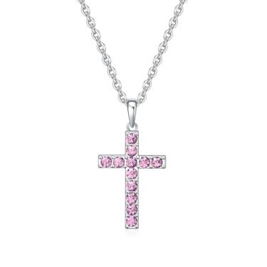 Imagem de Colar de cruz de pedra do mês de nascimento para mulheres, presentes de primeira comunhão, presente de Páscoa, batismo, cruz, joias e pingentes, Strass, Ametista