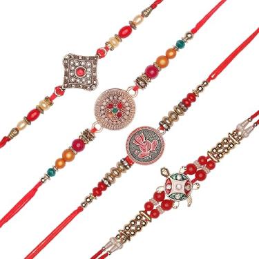 Imagem de Conjunto de 4 pulseiras de fio Rakhi para irmão para Bhai Bhabhi Bhaiya veera Raksha Bandhan Dora Conjunto de pulseiras com pacote de vale-presente Rakhi para irmão irmã indiano tradicional festival
