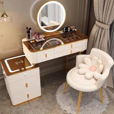 Imagem de Penteadeira Com Cadeira, Mesa De Vaidade Com Espelho E Luzes, Com Espelho De Escurecimento De Tela Sensível Ao Toque De 3 Cores, Conjunto De Mesa De Vaidade, Com 3 G, Brown White, 100.5x40x78cm
