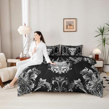 Imagem de Conjunto de edredom de caveira gótica, 7 peças, tamanho solteiro, esqueleto floral cinza, cama gótica barroca vitoriana em uma bolsa com edredom, lençóis e fronhas, decoração de quarto de crianças
