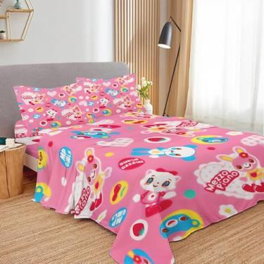 Imagem de soxuding Jogo de lençol solteiro de coelho rosa, gato pequeno urso, 1 lençol com elástico, 1 lençol de cima e 1 fronha