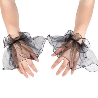 Imagem de GORGECRAFT 2 peças, punho curto, pérola, gaze, renda, luvas sem dedos, babados, mangas de mão, pulseira elástica sexy, acessório de bijuteria para casamento, baile de máscaras, festa de chá, Halloween