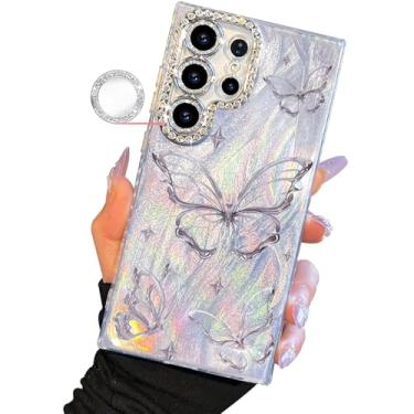 Imagem de I-MGAE-IN-AR Capa compacta para Samsung Galaxy S22 design ultra borboleta, moldura de proteção de lente de câmera de diamante, capa protetora de TPU macio e macio à prova de choque para mulheres prata