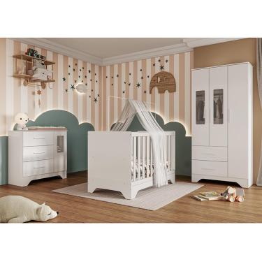 Imagem de Dormitório Infantil Popy Retrô Plus Janelas Guarda Roupa, Cômoda E Berço Branco Brilho - Móveis Peroba