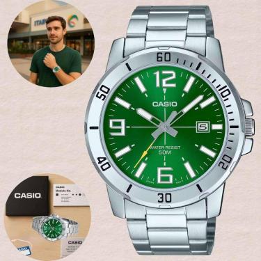 Imagem de Relógio Casio Masculino Quartzo Prova D`água 50 metros 5 ATM Casual Moderno Aço Inóx Redondo Verde MTP-VD01D-3BVUDF