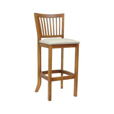 Imagem de Banqueta Alta Bistrô Madri Encosto Ripado - Amêndoa - Assento Estof. Linho Bege Mescla Impermeável