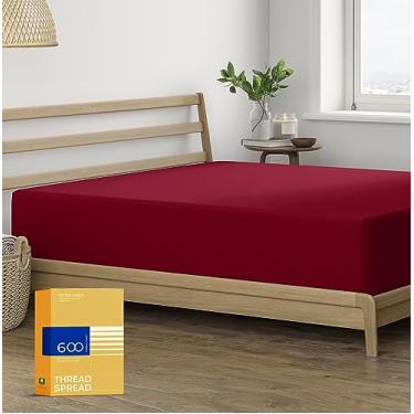 Imagem de THREAD SPREAD Lençol casal 100% algodão egípcio - lençol com elástico de 41 cm com bolso profundo de 600 fios, tecido de cetim refrescante para adultos - Borgonha