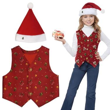 Imagem de Colete de Natal para meninos, chapéu de Natal para meninos - Chapéu colete de terno de Natal infantil - Conjunto de roupa de Natal com chapéu de Papai Noel para shows de palco de meninos e meninas de