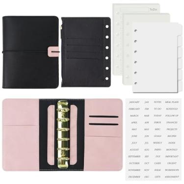 Imagem de Koqye Pasta de couro A7 com 6 anéis com bolso com zíper, inclui divisórias e adesivos de recargas, capa preta recarregável com bolsos (preto e rosa)