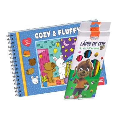 Imagem de Cozy & Fluffy Livro de Colorir Adulto Azul - Bold Easy - 22x16cm A5 - Capa Dura Espiral - 96 Folhas 48 Ilustrações com Lápis de Cor 12 Cores BRW - Relaxamento, Criatividade e Diversão para Adultos e Crianças - Seu Hobby predileto