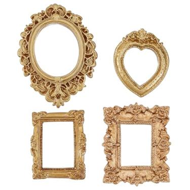 Imagem de NICENEEDED Mini porta-retrato vintage de resina, 4 peças, molduras douradas pequenas, retangulares ovais, para pendurar na parede, foto antiga para exibição de joias, festas de fim de ano, decoração