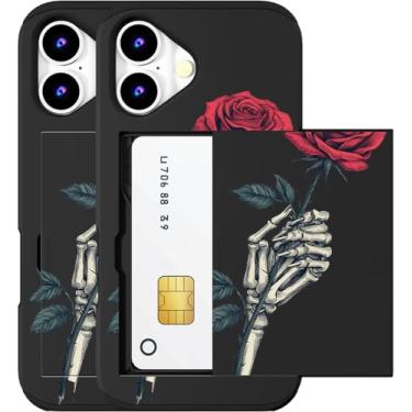 Imagem de MUQR Capa compatível com telefone 17 com porta-cartão fofo - design kawaii, proteção contra quedas de nível militar, capa tipo carteira robusta para mulheres (esqueleto preto caveira rosa)