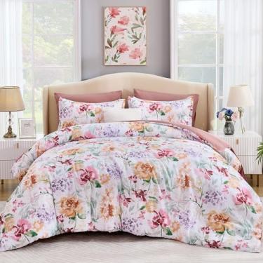 Imagem de Conjunto de edredom floral, tamanho Queen, 7 peças, conjunto de cama em aquarela, rosa empoeirado, rosa, rosa, aquarela, edredom macio com jogo de cama 228,6 cm x 228,6 cm