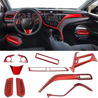 Imagem de Winkter Conjunto completo ABS de interior de carro, painel de instrumentos e console central, capa de saída de ar, acessórios automotivos para volante 10 peças para Toyota Camry LE SE XLE XSE 2018-2021 (vermelho)
