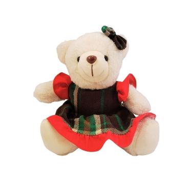 Imagem de Urso Pelúcia Natalino Creme Prime Vestido Xadrez Vermelho e Verde Lacinho Xadrez 20cm - Master Christmas