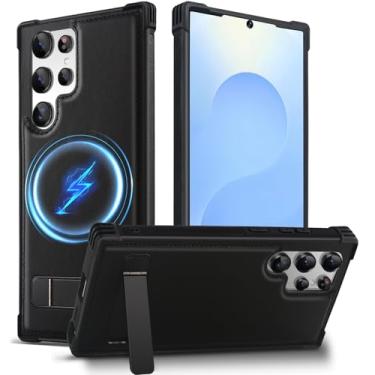 Imagem de KEZiHOME Capa para Samsung Galaxy S23 Ultra, capa magnética mais forte com suporte, couro genuíno premium à prova de choque TPU proteção bumper design para Samsung S23 Ultra (preto)