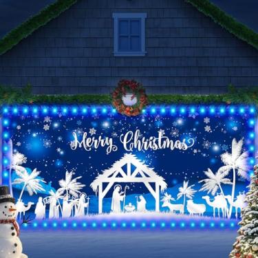 Imagem de Decoração de Natal para porta de garagem azul Jesus Natal capa de porta de garagem com luzes LED grande presépio religioso pano de fundo banner para decoração interna e externa de Natal 1,8 x 4 m