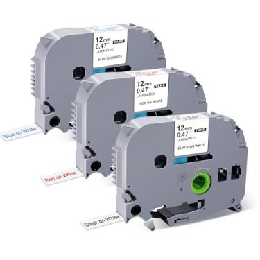 Imagem de Pacote com 3 fita de etiqueta P Touch 12 mm 0,47 branca compatível com Brother Label Maker Fita laminada TZe-231 TZe-232 TZe-233 Preto/Vermelho/Azul em Branco para Rotulador P-Touch PTD210 PTH110 PTD600