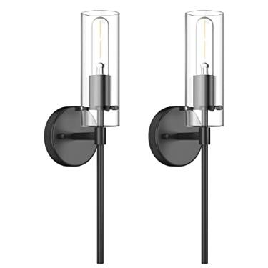 Imagem de Conjunto de 2 arandelas de parede pretas, luminária de banheiro luminária moderna de parede interna com sombra de vidro transparente para banheiro, quarto, sala de estar, corredor, penteadeira