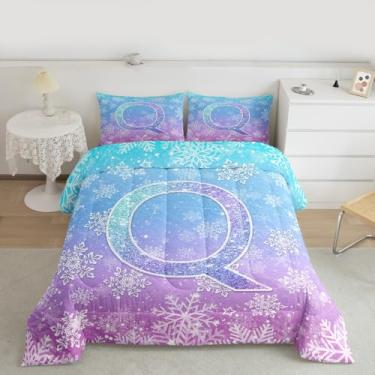 Imagem de Feelyou Conjunto de edredom com estampa de floco de neve, princesa, roxo, azul, para todas as estações, com 1 fronha, microfibra de Natal, solteiro, inverno, neve, para decoração de quarto, edredom