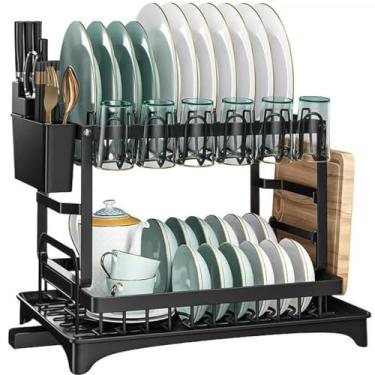 Imagem de Escorredor De Louça Inox Com Porta Pratos Talheres Copos 2 Andar Pia Cozinha Luxo Preto