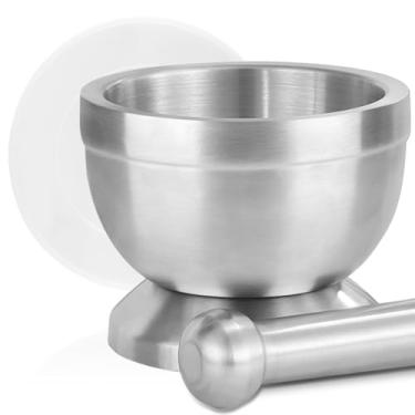 Imagem de 11,7 × 9,7 cm, Pilao, Aço Inoxidável Pilao Vem com Tampa, Pilão com Socador, Pilao com Socador, Pilão, Socador Alho, Socador de Alho Pilao, Prata