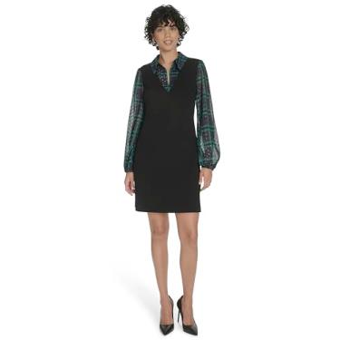 Imagem de Tommy Hilfiger Vestido feminino de manga comprida e gola V, Preto/Meia-Noite/Evergreen, 54