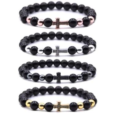 Imagem de HYHONEY Pulseira com contas cruzadas para mulheres e homens, pedra vulcânica, turquesa, olho de tigre, pulseira natural, cura da ansiedade, One Size, Pedra, Pedra