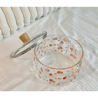Imagem de INSTR Tigela de macarrão de vidro de orelha dupla fresca com tampa tigela de macarrão adorável para estudante tigela de sopa de grande capacidade alta temperatura