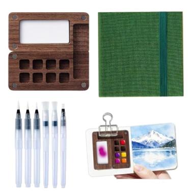 Imagem de Mini conjunto de aquarela para viagem, miniconjunto de tinta aquarela, 6 cm, 8 grades, paleta de tinta de madeira com clipes de fichário, canetas pincel de papel para pintores, artistas, estudantes