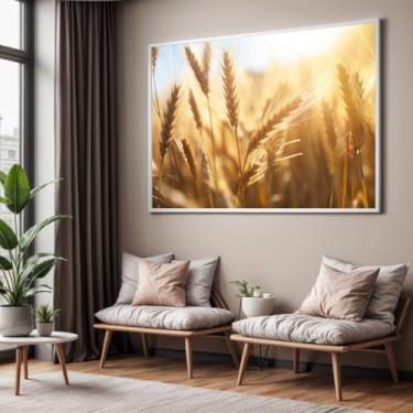 Imagem de Quadro com Moldura Sala Quarto Trigo Bege Marrom Paisagem Decorativo Horizontal Grande Hall
