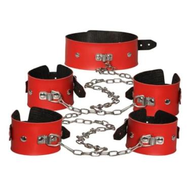 Imagem de Kit Sado Coleira Algema E Tornozeleiras Acessórios BDSM com Correntes e Mosquetão Versátil DX507 (VERMELHO)