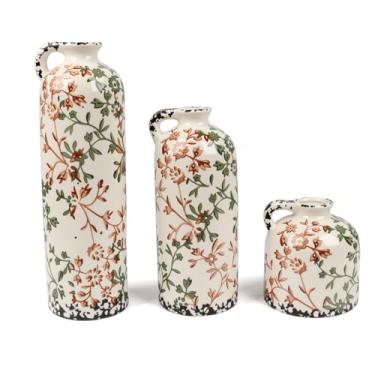 Imagem de BestYiJo Conjunto de 3 vasos de cerâmica, vasos florais chineses vintage verdes e bege pintados à mão - decoração rústica de casa de fazenda para sala de estar, cozinha, estante de livros | Presente