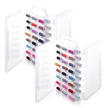 Imagem de JOUTYFOR Organizador de costura com 46 grades, 2 peças, caixa de linha dupla face, armazenamento portátil, suporte de linha de plástico transparente para bordado, costura, artesanato, contas, fio