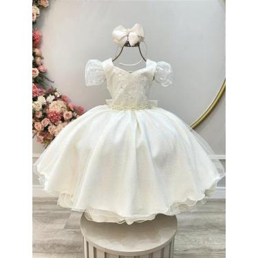 Imagem de Vestido Infantil Marfim com Renda e Cinto de Pérolas para Festas - Fab