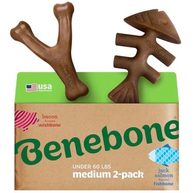 Imagem de Benebone Pacote com 2 brinquedos duráveis de espinha de peixe/espinha de sorriso, peixe real, bacon verdadeiro, feito nos EUA, médio