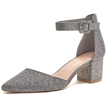 Imagem de FISACE Sandália feminina de salto quadrado baixo com tira no tornozelo e bico fino para escritório, Glitter cinza escuro, 8
