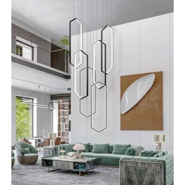 Imagem de Lustre moderno de LED, luminária pendente para escada, mesa de jantar, luminária pendente regulável com altura ajustável, formato geométrico de alumínio, ideal para sala de estar, vila, hote
