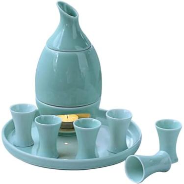 Imagem de TLTDSMY Conjunto de saquê conjunto de copos de saquê japonês com fogões quentes e bandejas para casa porcelana cerâmica copos de cerâmica artesanato taças de vinho 10 peças, azul