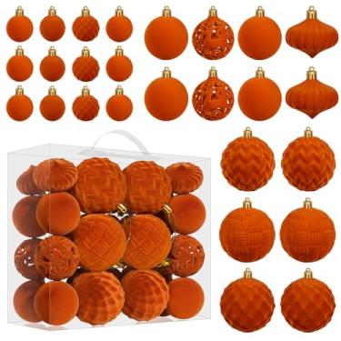 Imagem de Artmag Conjunto de enfeites de bola de Natal de veludo - 46 peças de bolas de árvore de Natal flocadas de plástico à prova de estilhaçamento tamanhos variados para decoração de Natal (laranja)
