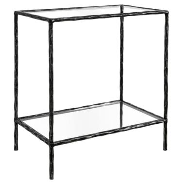 Imagem de Mesa lateral forjada à mão, 2 camadas, mesa de centro vintage com tampo de vidro, mesa de destaque com moldura sólida martelada, adequada para sala de estar, quarto, sala de estudo, entrada (preto