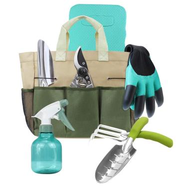 Imagem de Conjunto de ferramentas de jardinagem Megawodar com 3 peças de ferramentas de jardinagem de alumínio, 1 tesoura de poda, 1 frasco pulverizador pulverizador, 1 peça de espuma de ajoelhar e 1 peça de bolsa de jardinagem como um bom presente de jardinagem para mãe/papai
