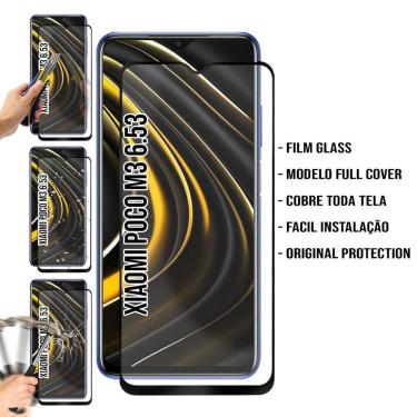 Imagem de Capa Capinha Case Emborrachada Carbon Preta + Skin fibra de carbono + Vidro 3D Xiaomi Poco M3 (Tela 6.53)