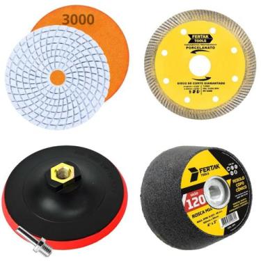 Imagem de Kit Acabamento Porcelanato Suporte + Lixa + Rebolo + Disco - Fertak