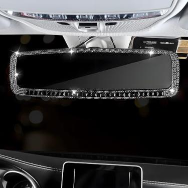 Imagem de Espelho retrovisor de carro grande angular de vidro HD de 10,7 polegadas com clipe diamante brilhante acessórios decorativos interiores panorâmicos decoração de carro para mulheres (preto)