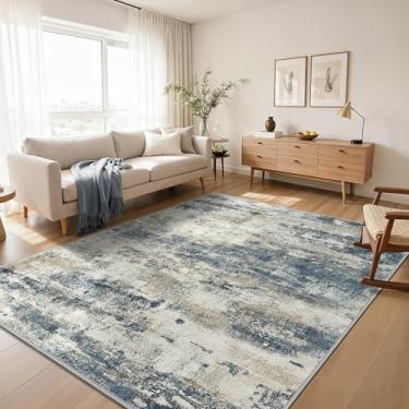 Imagem de Tapetes de área, 15 x 23 cm, para sala de estar, quarto, abstrato, lavável à máquina, grande, azul marinho, bege, tapete macio, tapete baixo com suporte antiderrapante para sala de jantar