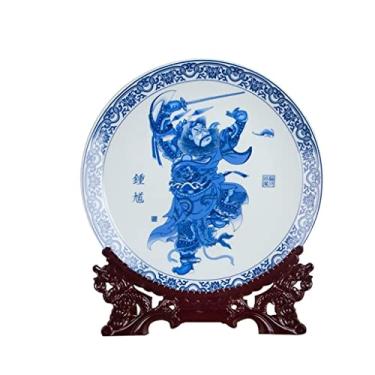 Imagem de Conjunto de base de madeira de prato redondo de porcelana para decoração de casa azul e branco estilo chinês