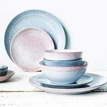 Imagem de Conjunto de louça fina, conjunto de louça de porcelana para jantar, 20 peças, conjunto de combinação de jantar de cerâmica esmaltada retrô | Tigelas de cereais azuis e roxas e prato de bife