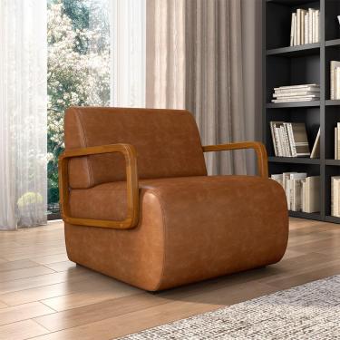 Imagem de Poltrona Decorativa Sala de Estar Odessa Braços em Madeira PU Caramelo G33 - Gran Belo