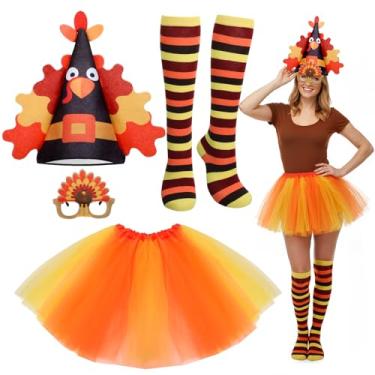 Imagem de Chicingyou Conjunto de 4 peças de fantasia de peru de Ação de Graças para mulheres, chapéu de feltro, tutus, meias até o joelho, óculos de sol para cosplay, Preto e laranja, One Size